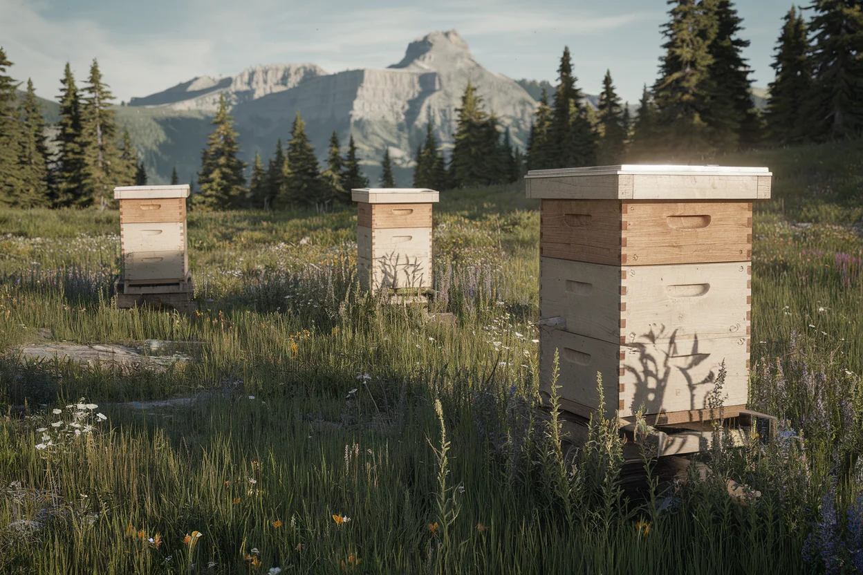 Idaho mountain meadow with beehives and Sawtooth mountains in the distance