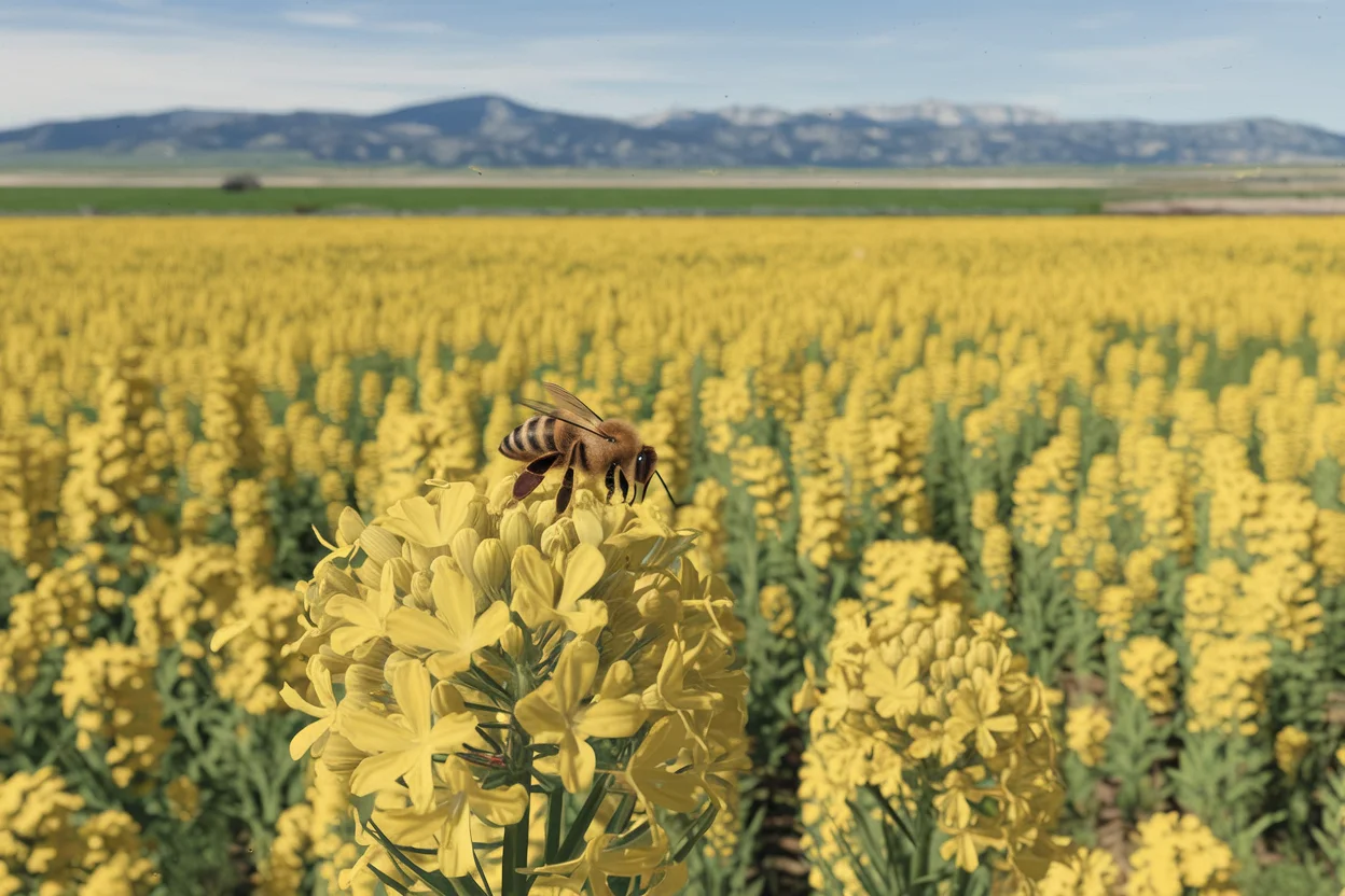 Yellow mustard field in bloom with a honeybee on a flower