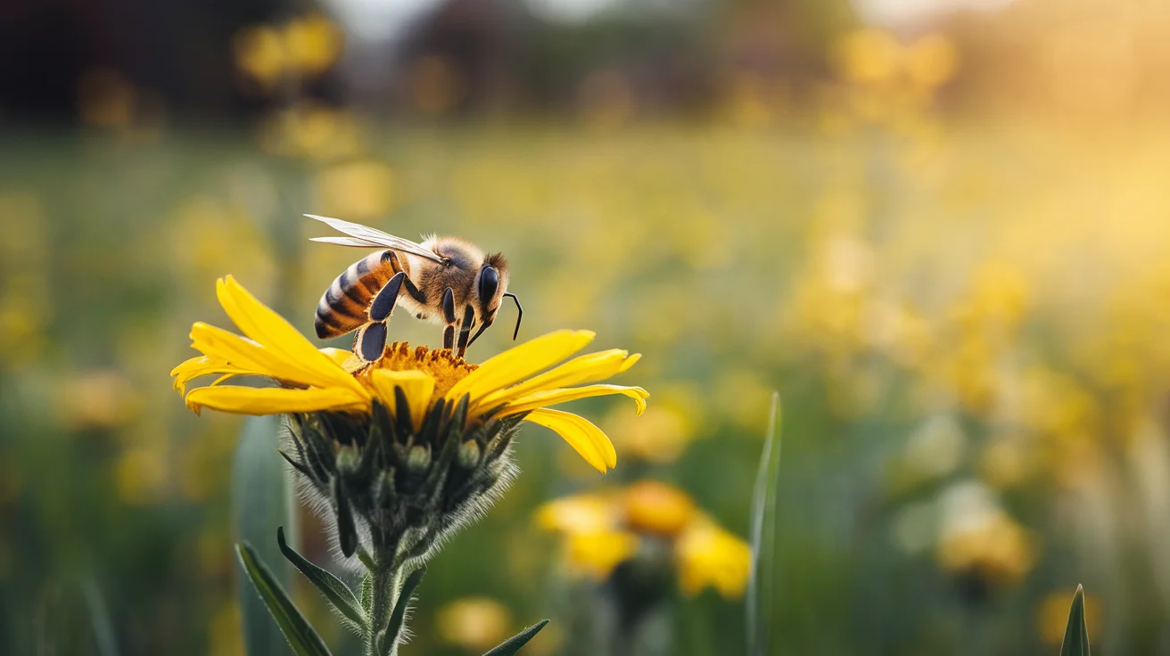 A honeybee on a yellow flower in warm sunlight