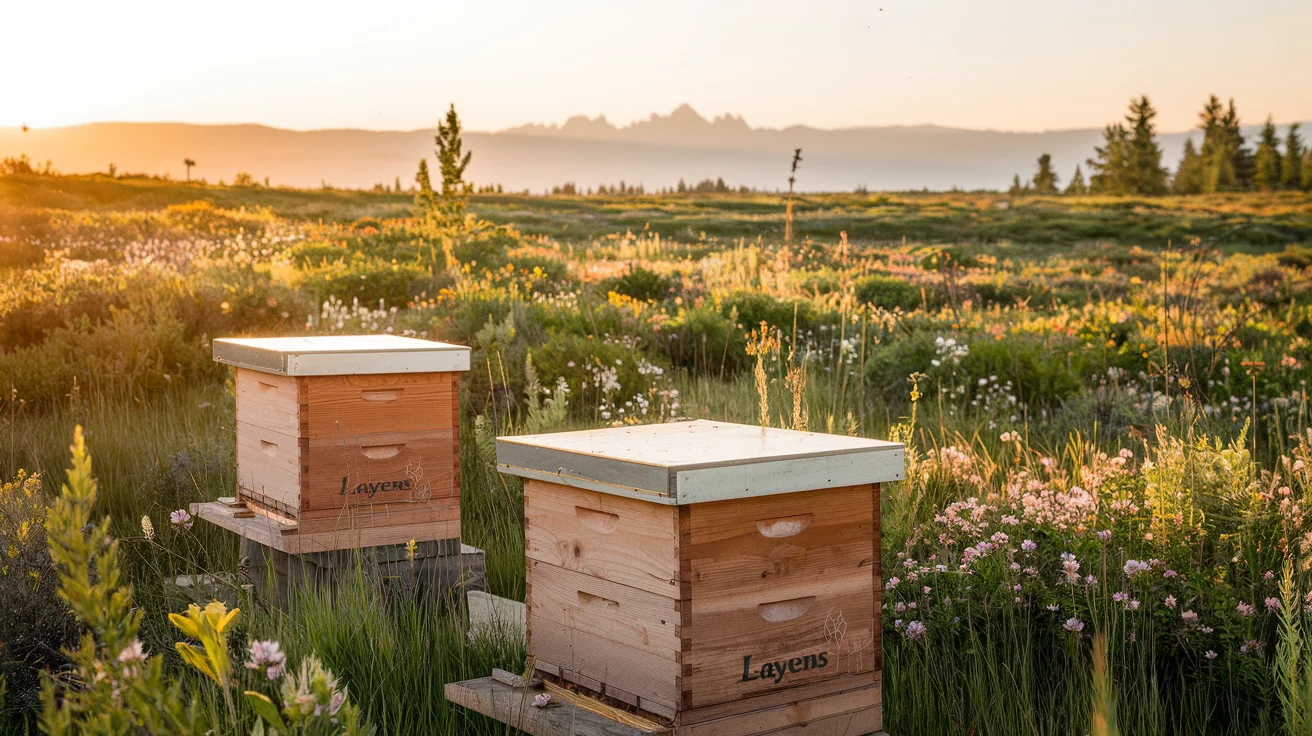 Idaho summer meadow at golden hour with wooden horizontal beehives and wildflowers blooming