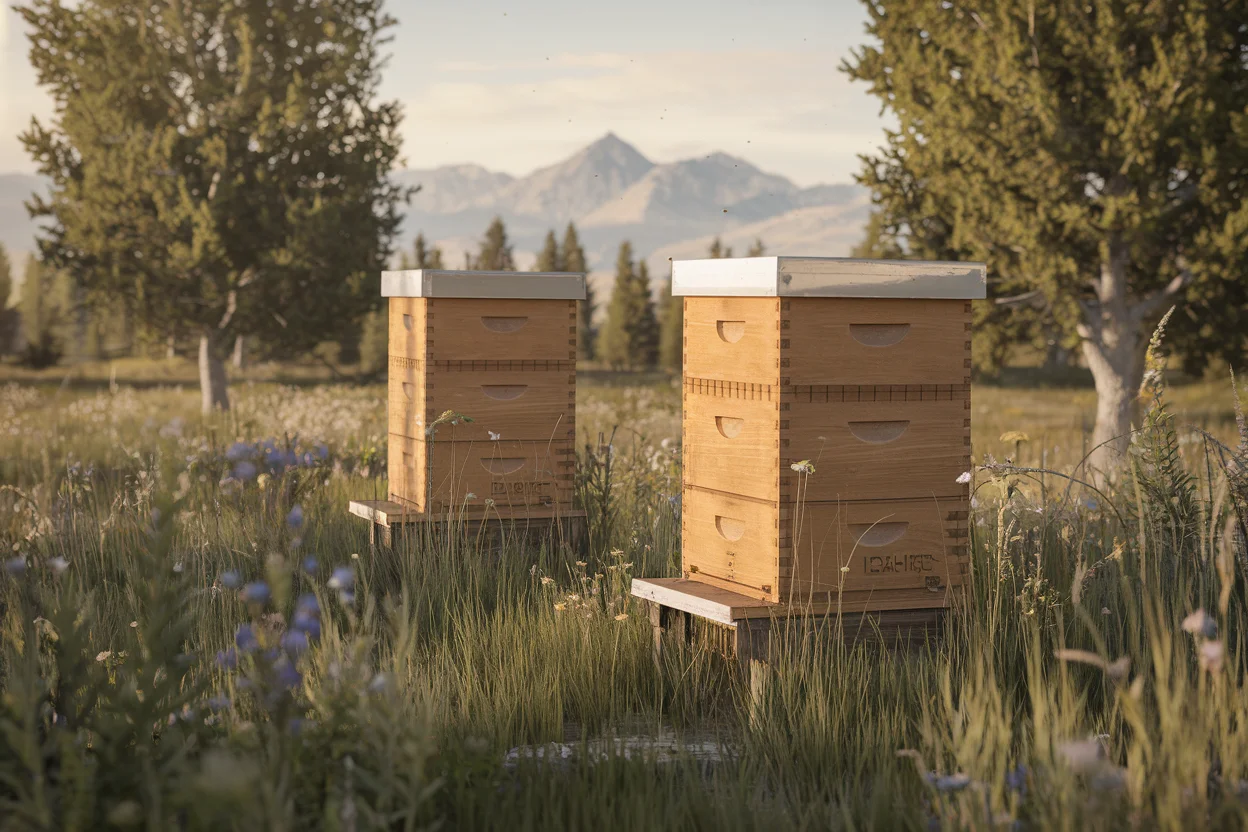 Two wooden horizontal Layens beehives in a wildflower meadow with Sawtooth mountains in the distance