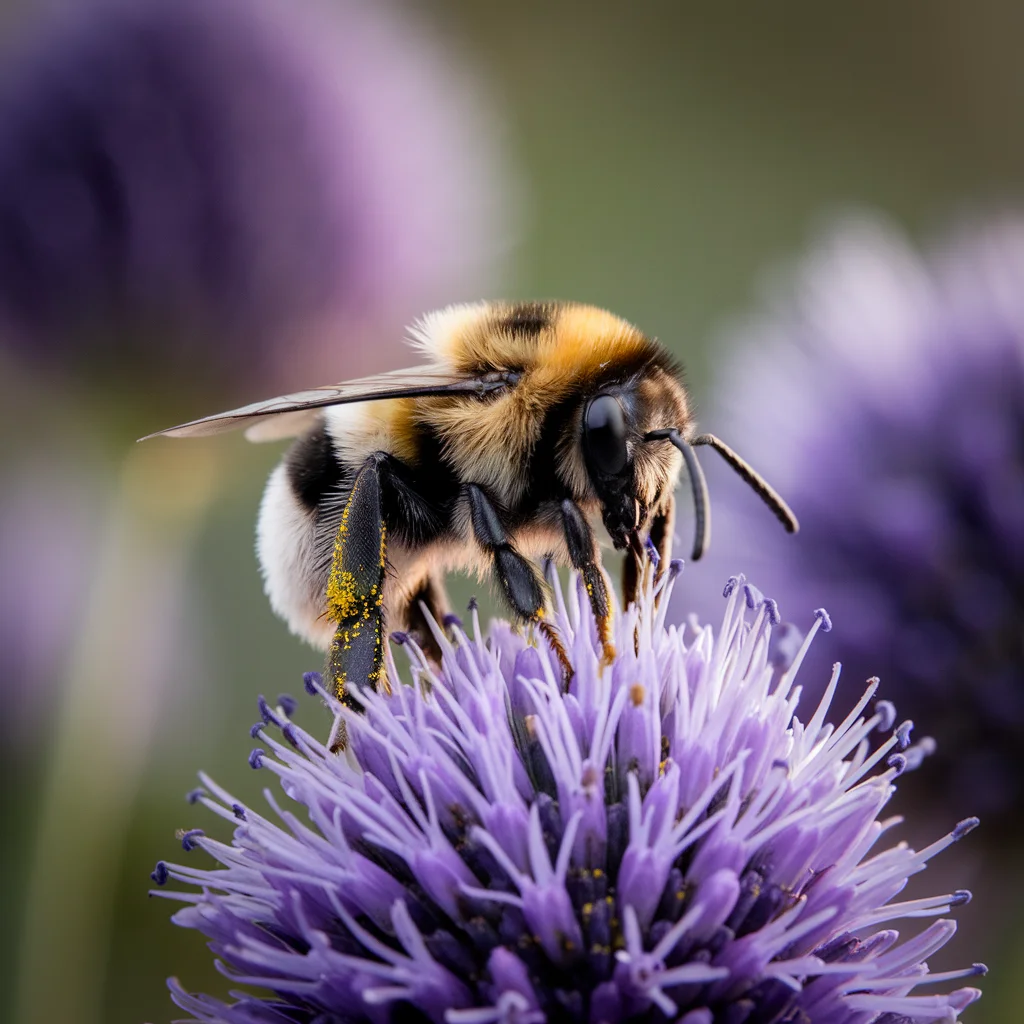 A fuzzy bumblebee covered in pollen on a purple flower