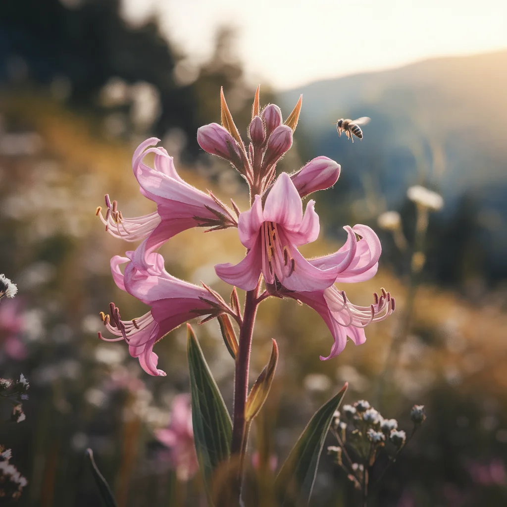 Pink fireweed flowers with a honeybee