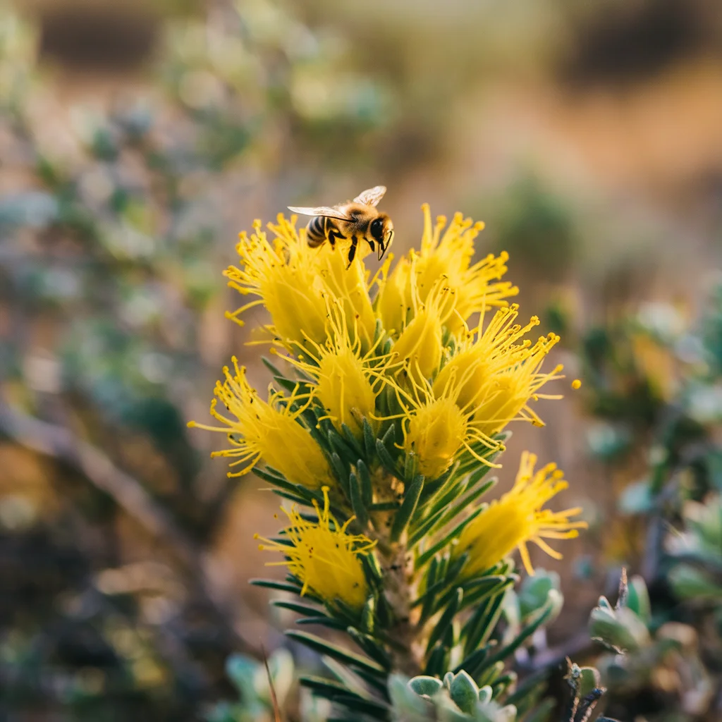 Yellow rabbitbrush flowers in bloom with a honeybee on a sagebrush background